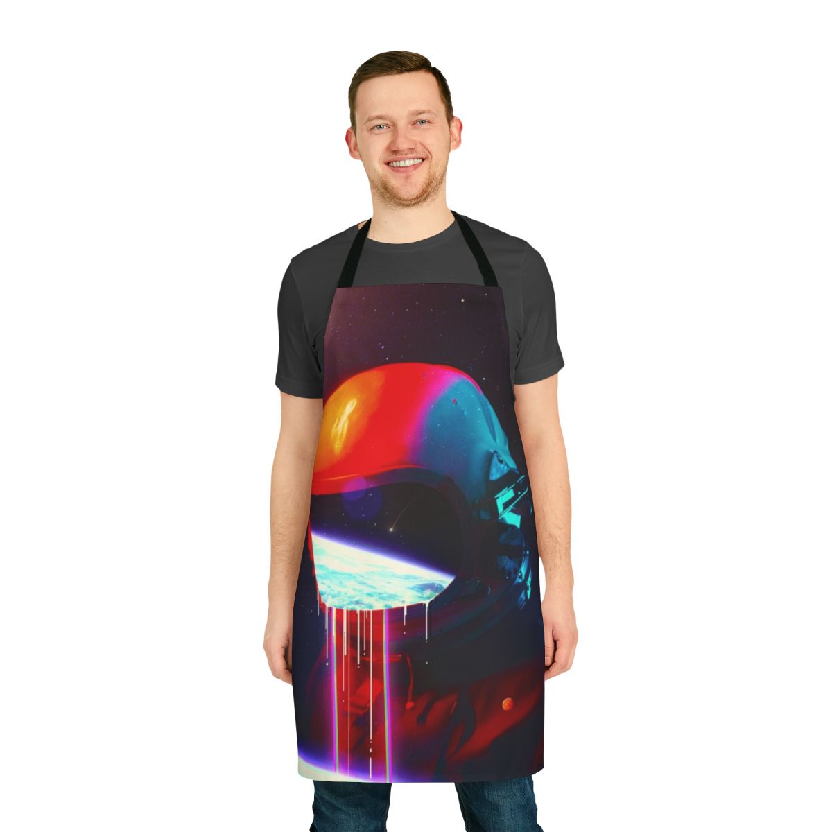A surreal, space-themed apron with a leak or melting design, featuring cosmic elements like stars, planets, and astronauts.