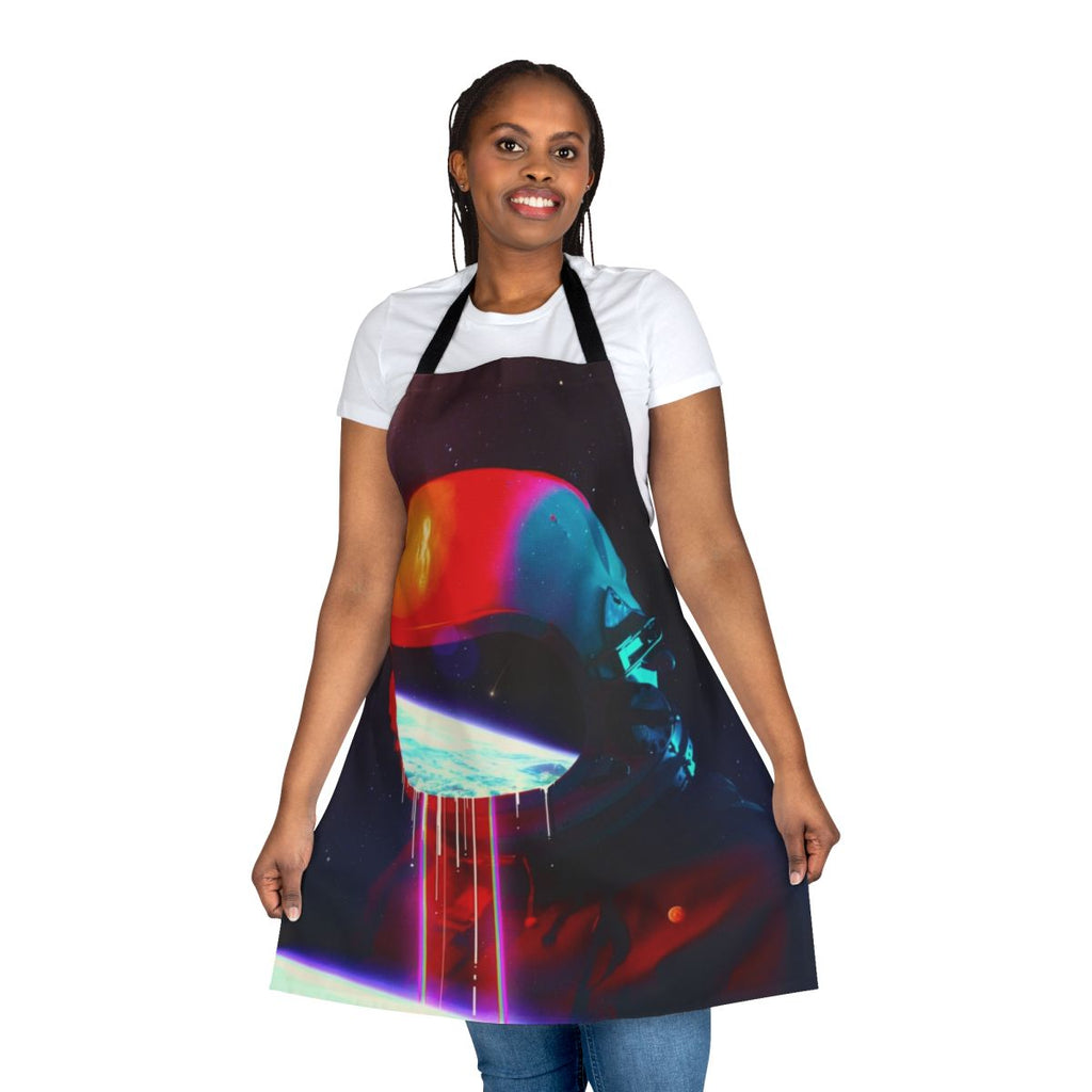 A surreal, space-themed apron with a leak or melting design, featuring cosmic elements like stars, planets, and astronauts.