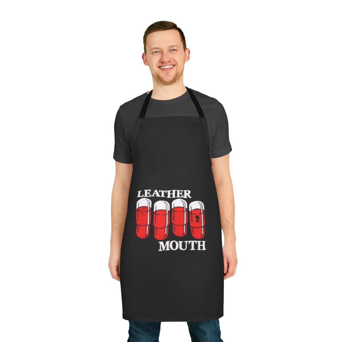 Leathermøuth inspired red and black logo design printed on an adjustable apron