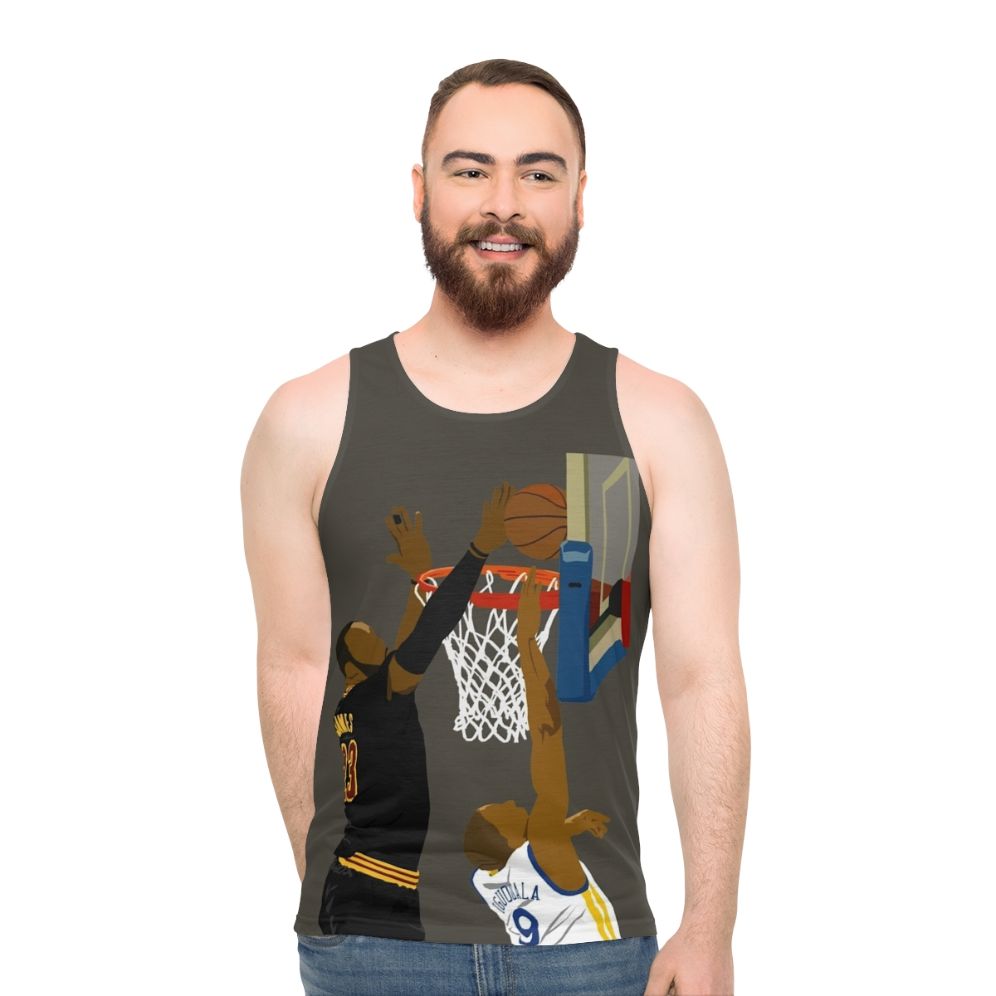 Unisex Basketball Tank Top with LeBron James Blocked Shot