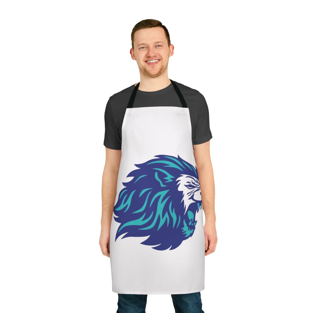 Blue lion animal power apron with a legendary animal print design