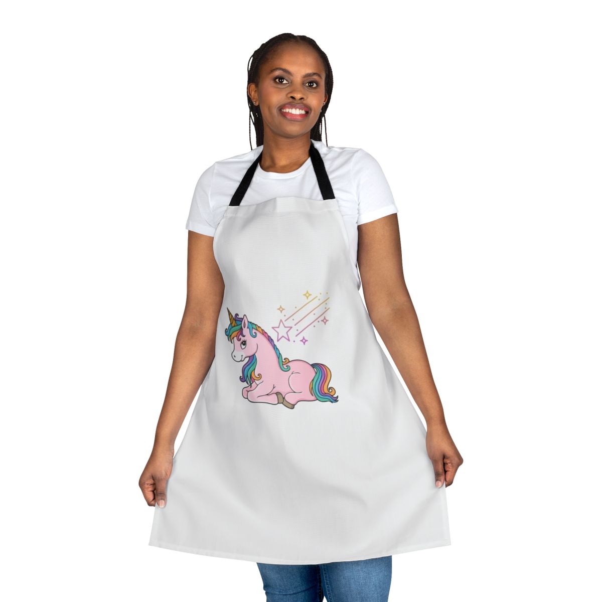Apron featuring a design of legendary animals, including a mystic dragon, unicorn, and falcon, in a fantasy art style.