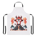 A dark and mysterious apron featuring a volcanic demon and legendary animals in a fantastical, kawaii style.