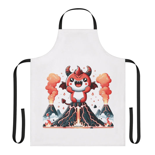 A dark and mysterious apron featuring a volcanic demon and legendary animals in a fantastical, kawaii style.