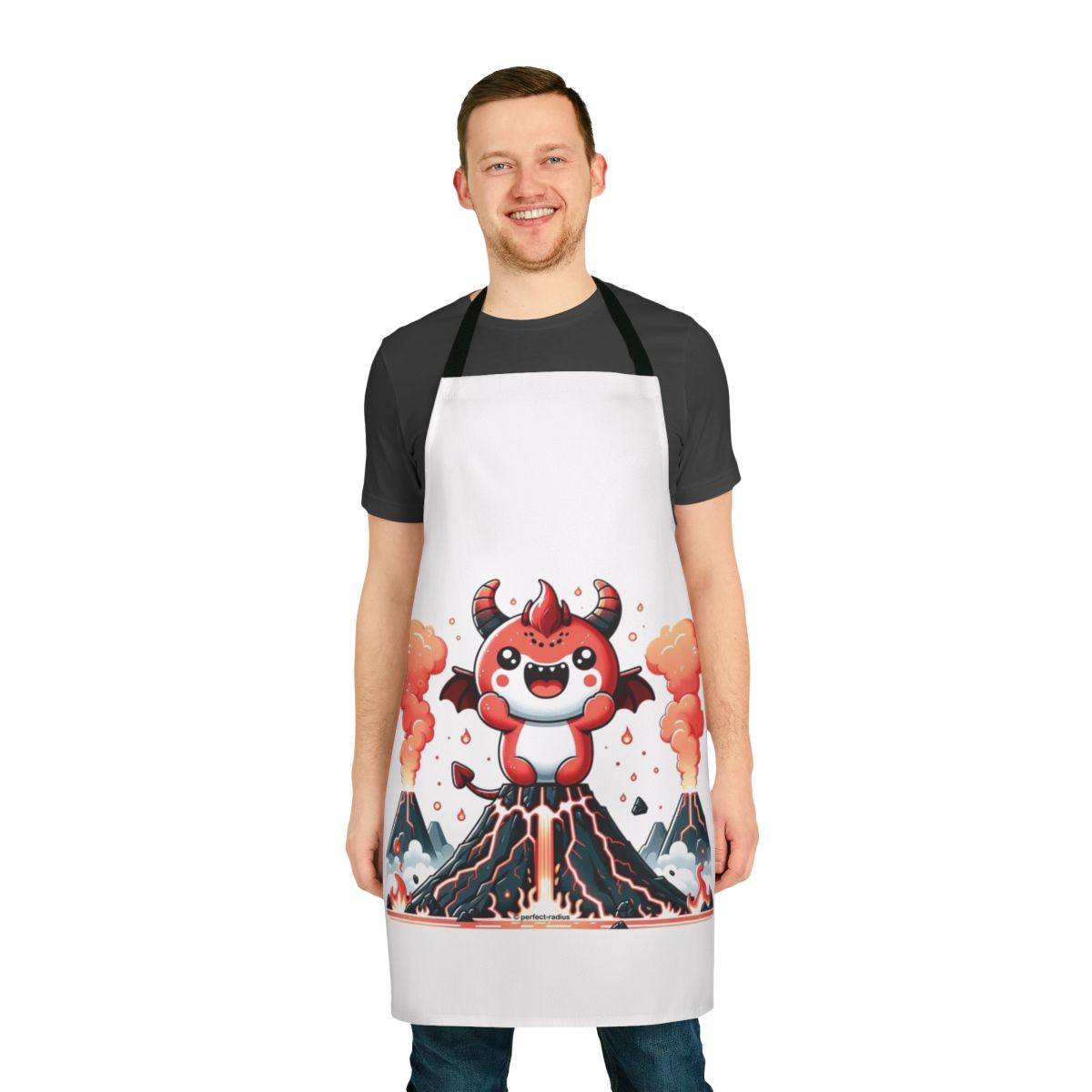 A dark and mysterious apron featuring a volcanic demon and legendary animals in a fantastical, kawaii style.