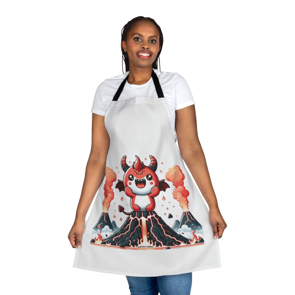 A dark and mysterious apron featuring a volcanic demon and legendary animals in a fantastical, kawaii style.