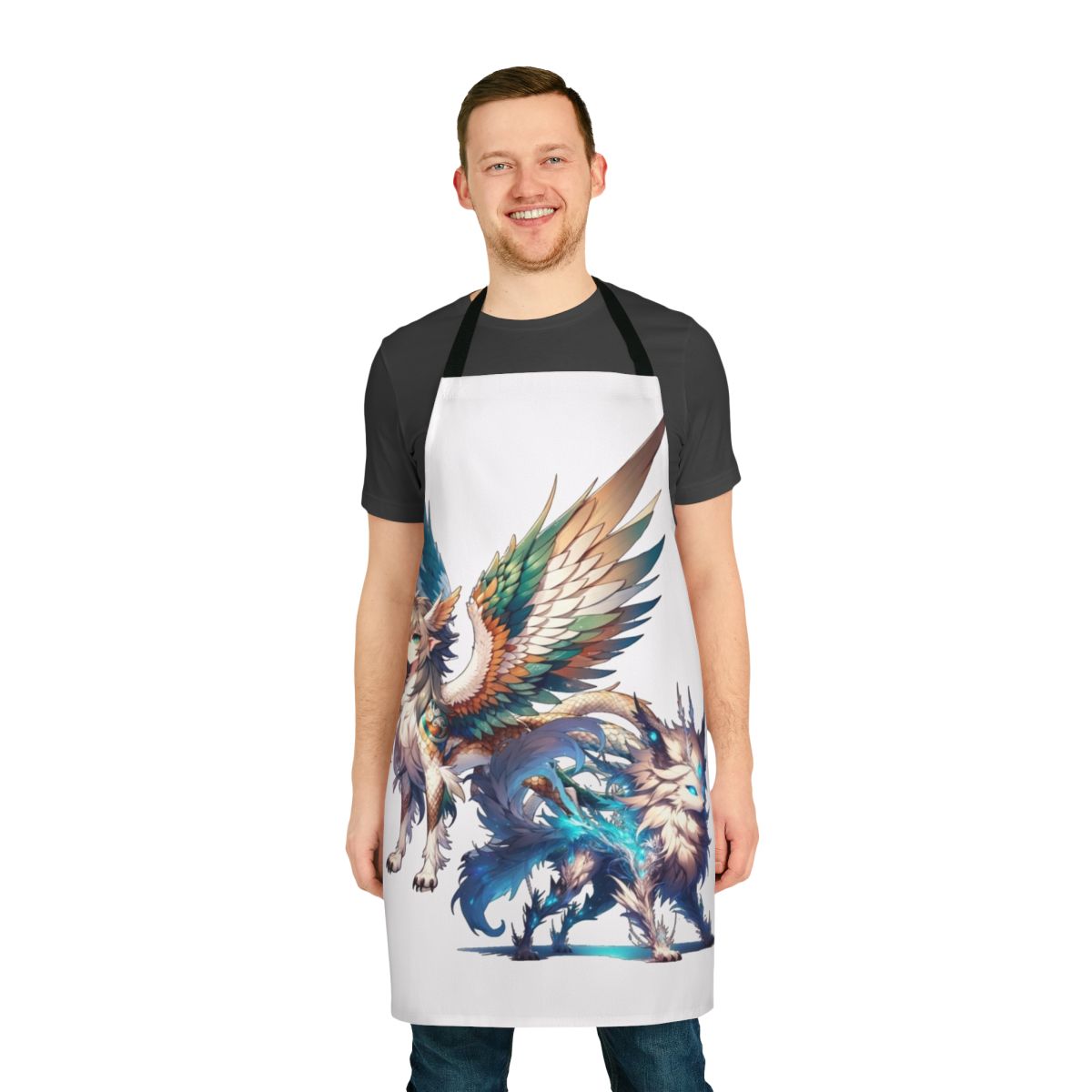 Apron featuring a collage of legendary and mythological creatures like Fenrir, Pegasus, and other fantastical beasts.