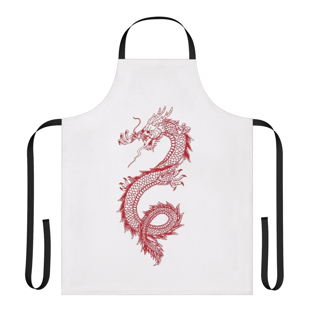 Illustration of a fierce, black Chinese dragon on a high-quality apron