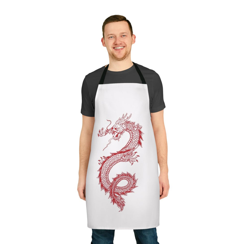 Illustration of a fierce, black Chinese dragon on a high-quality apron
