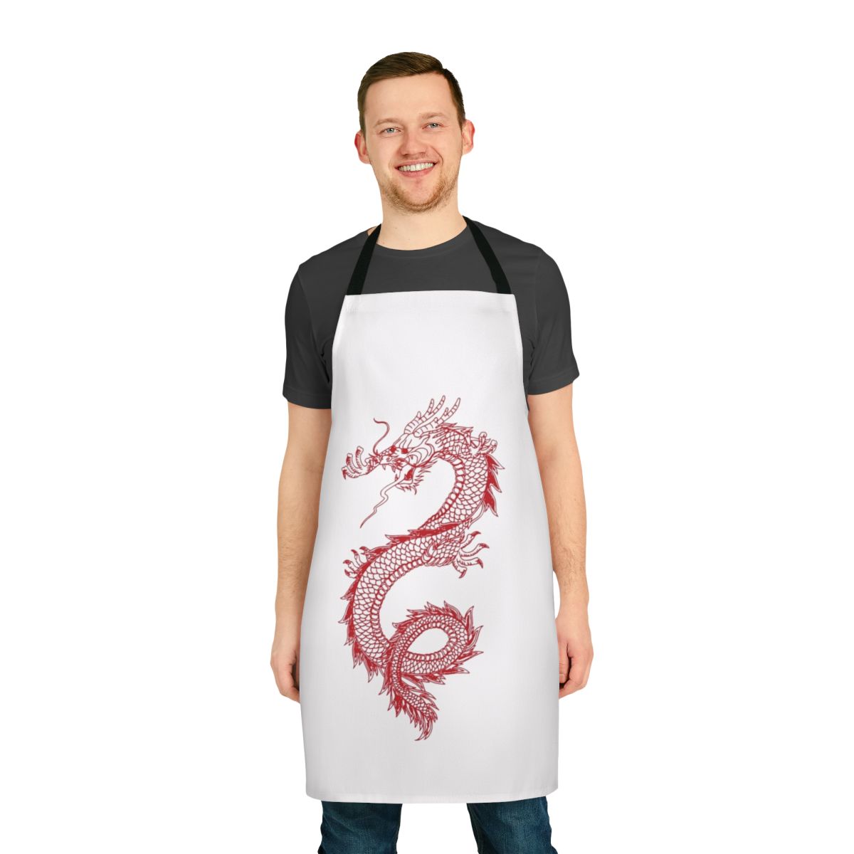 Illustration of a fierce, black Chinese dragon on a high-quality apron