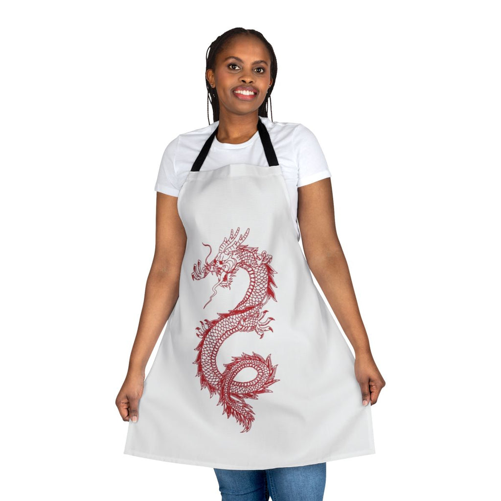 Illustration of a fierce, black Chinese dragon on a high-quality apron