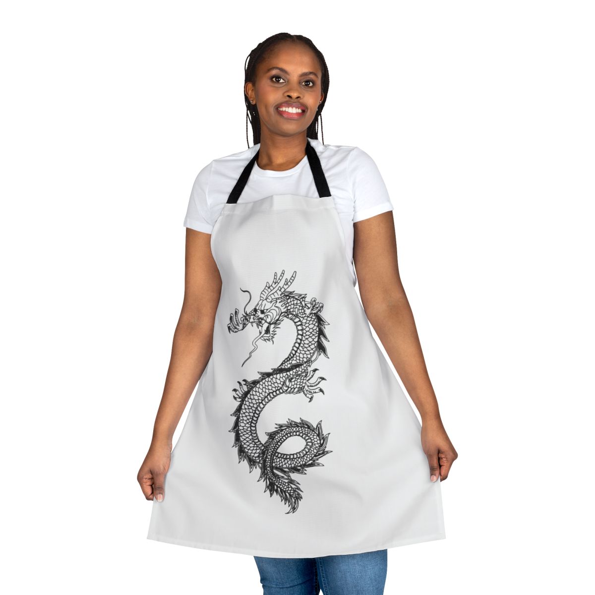 Legendary dragon silhouette printed on a black apron