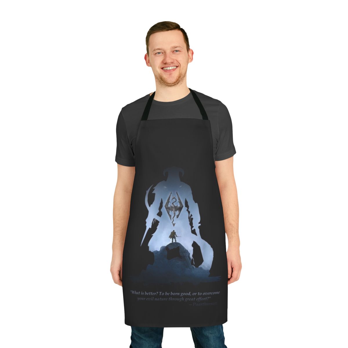 Dragonborn-themed apron with dragon and video game references