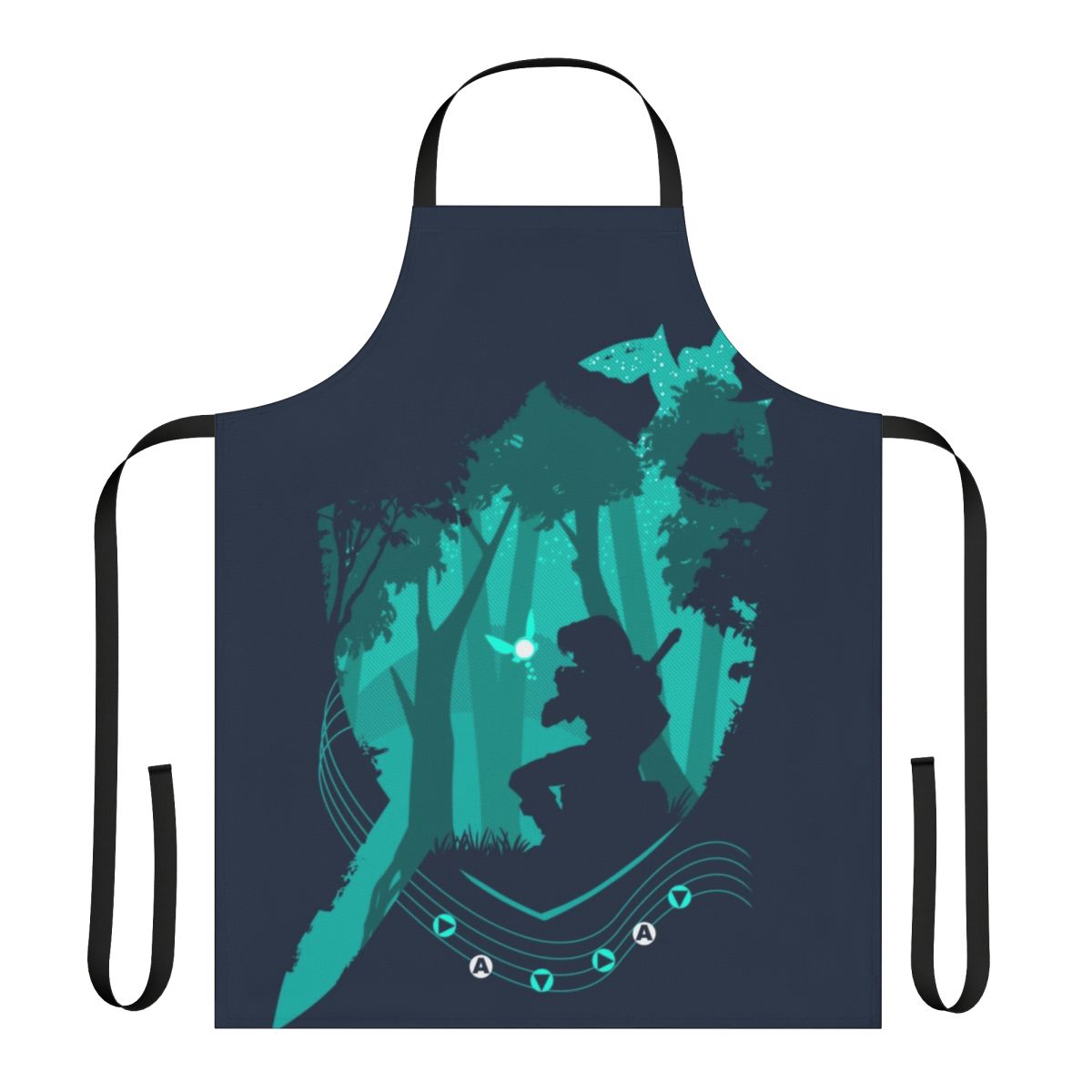 Apron featuring fantasy design with legend, song, shield, forest, and triforce symbols