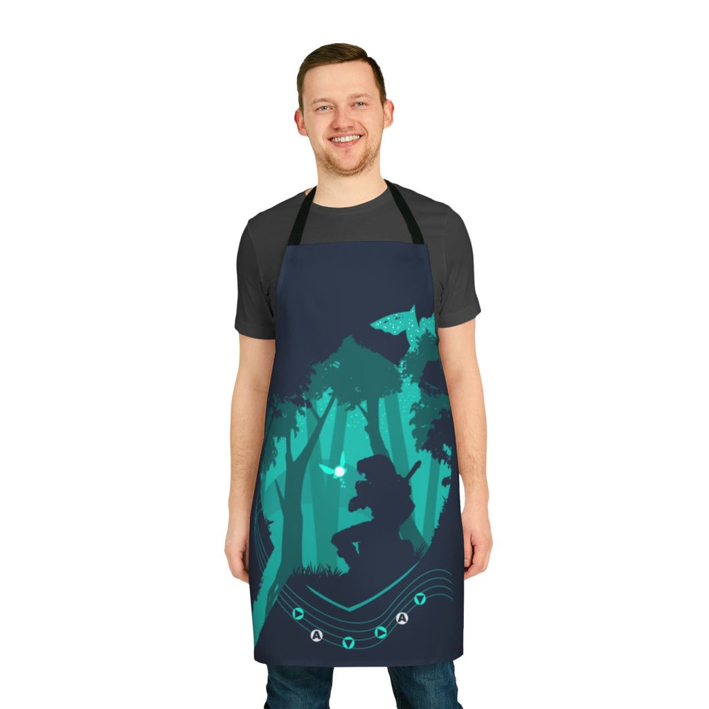 Apron featuring fantasy design with legend, song, shield, forest, and triforce symbols