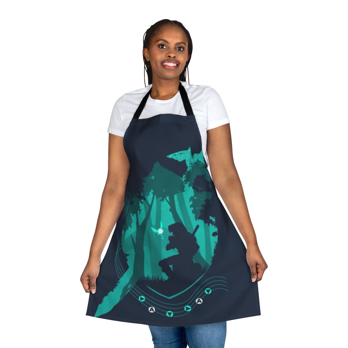 Apron featuring fantasy design with legend, song, shield, forest, and triforce symbols