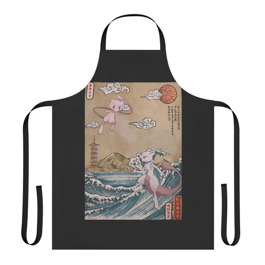 Stylized illustration of a legendary battle with Japanese elements like samurai, dragons, and the iconic Kanagawa wave on a high-quality apron.