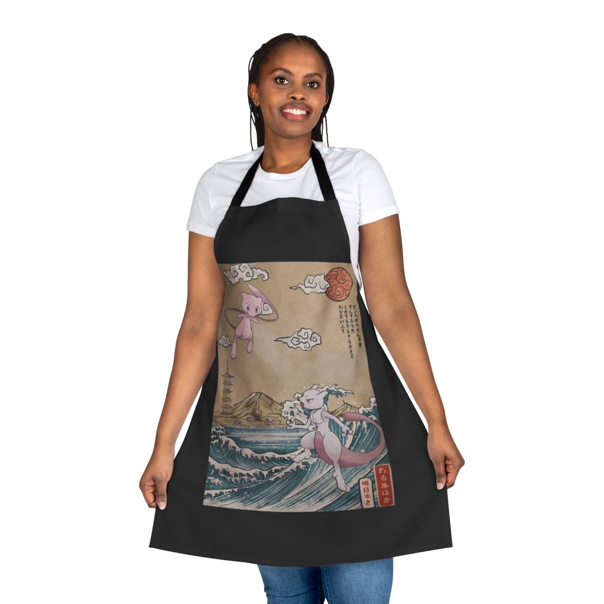 Stylized illustration of a legendary battle with Japanese elements like samurai, dragons, and the iconic Kanagawa wave on a high-quality apron.