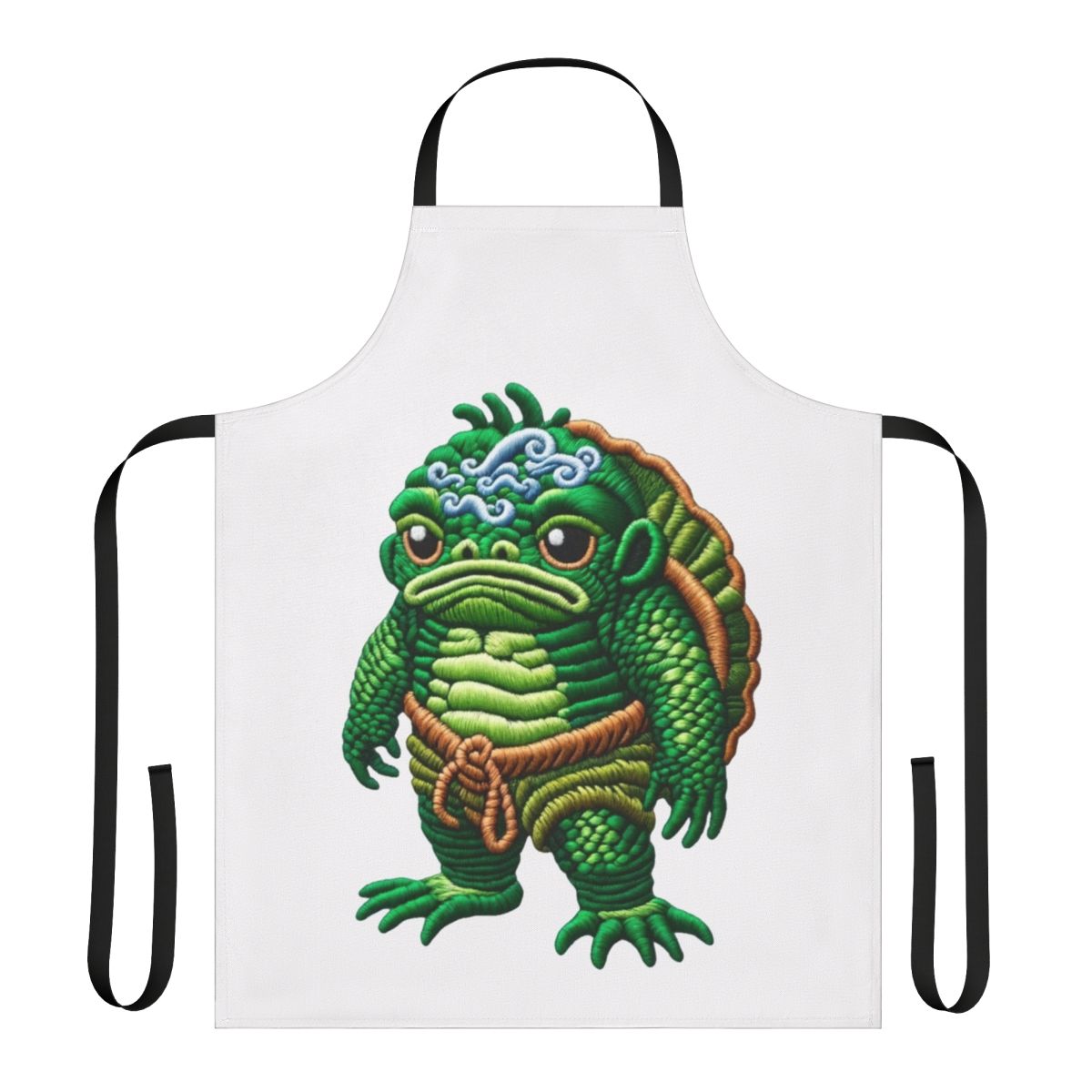 An embroidered apron featuring the legendary Japanese kappa creature.