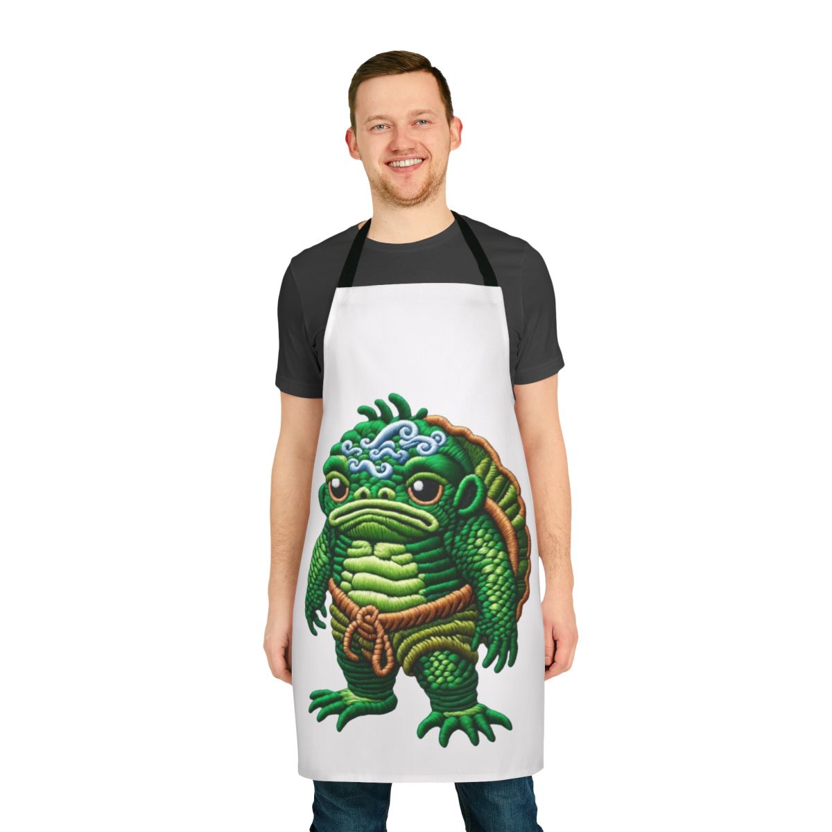 An embroidered apron featuring the legendary Japanese kappa creature.