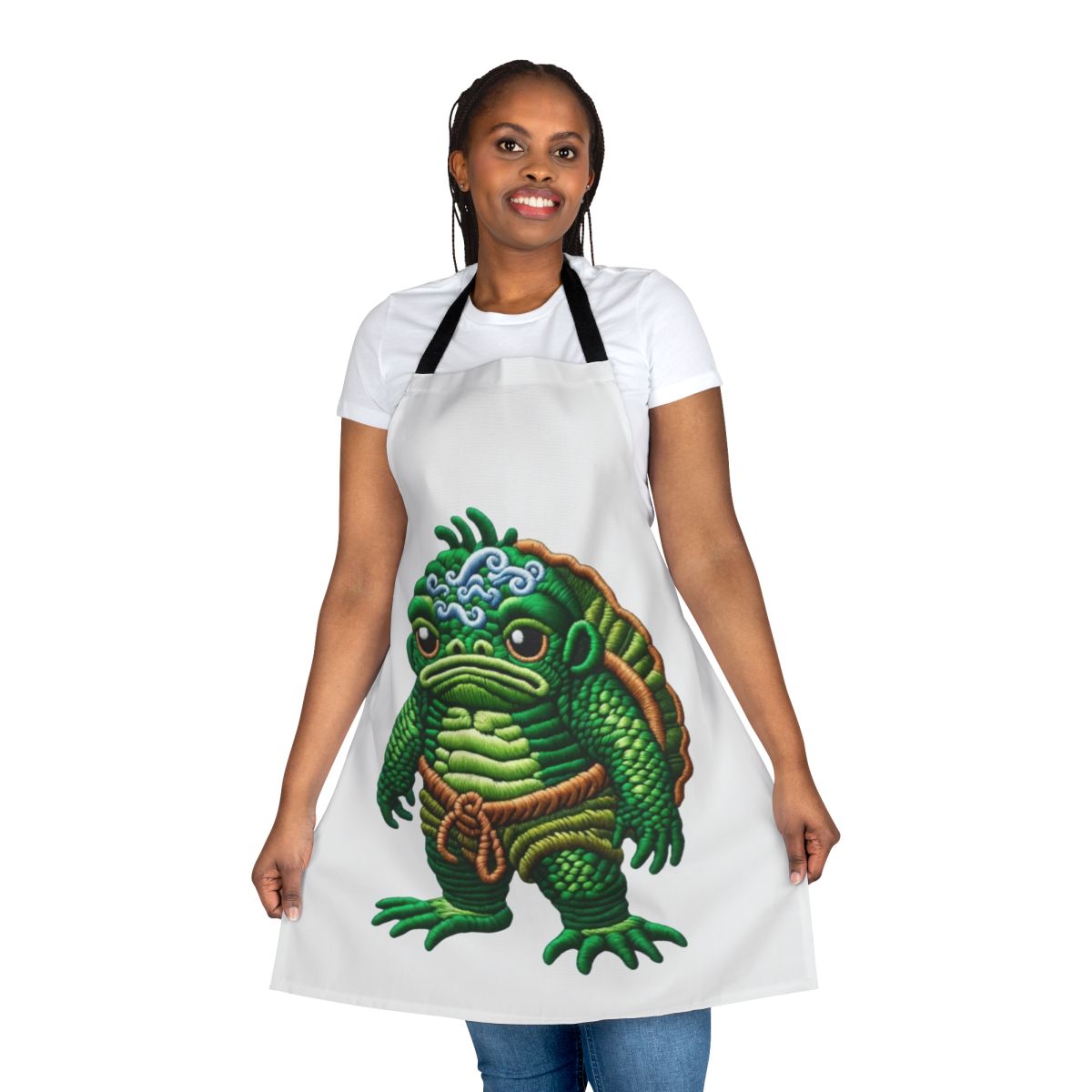 An embroidered apron featuring the legendary Japanese kappa creature.