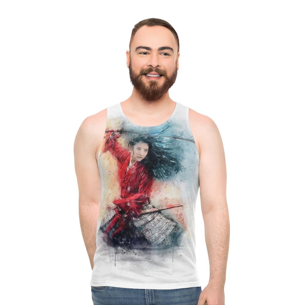 Mulan watercolor tank top with legendary female warrior design