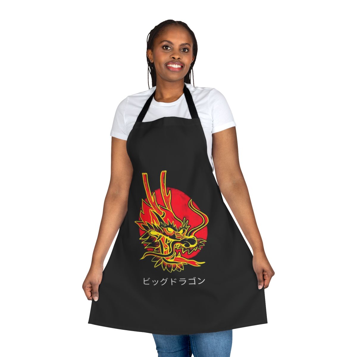 Whimsical apron featuring a legendary red dragon inspired by fantasy and anime styles