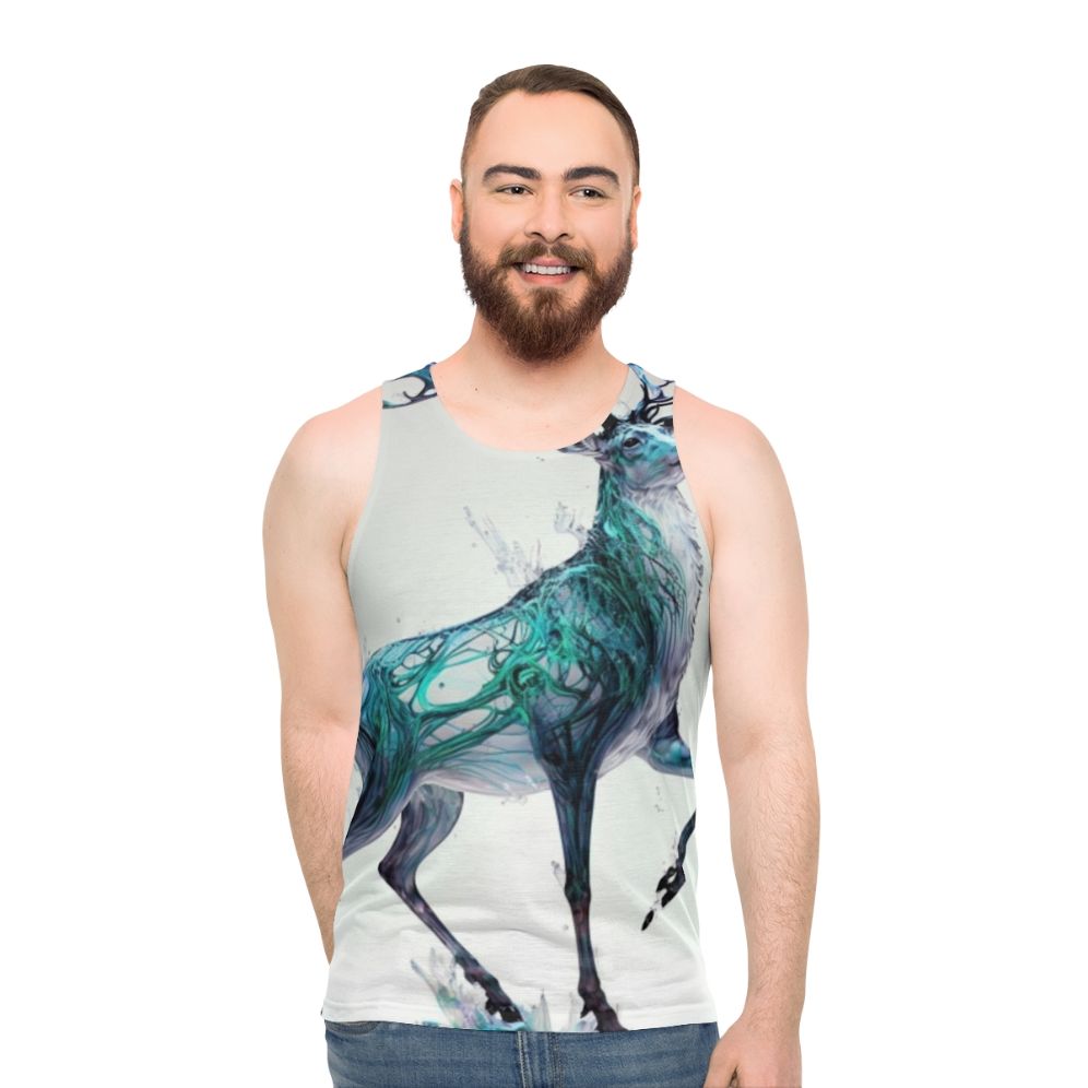 Unisex tank top with a holographic, prancing stag design - perfect for the holidays