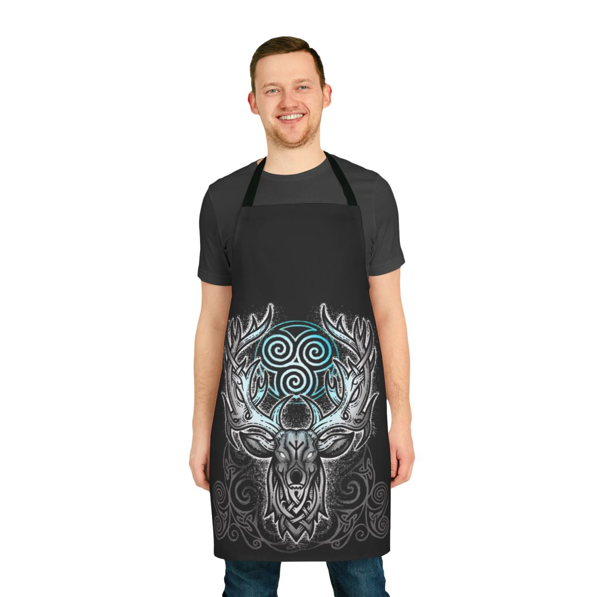 Apron featuring a design of a mythical white stag, inspired by Celtic and Norse folklore