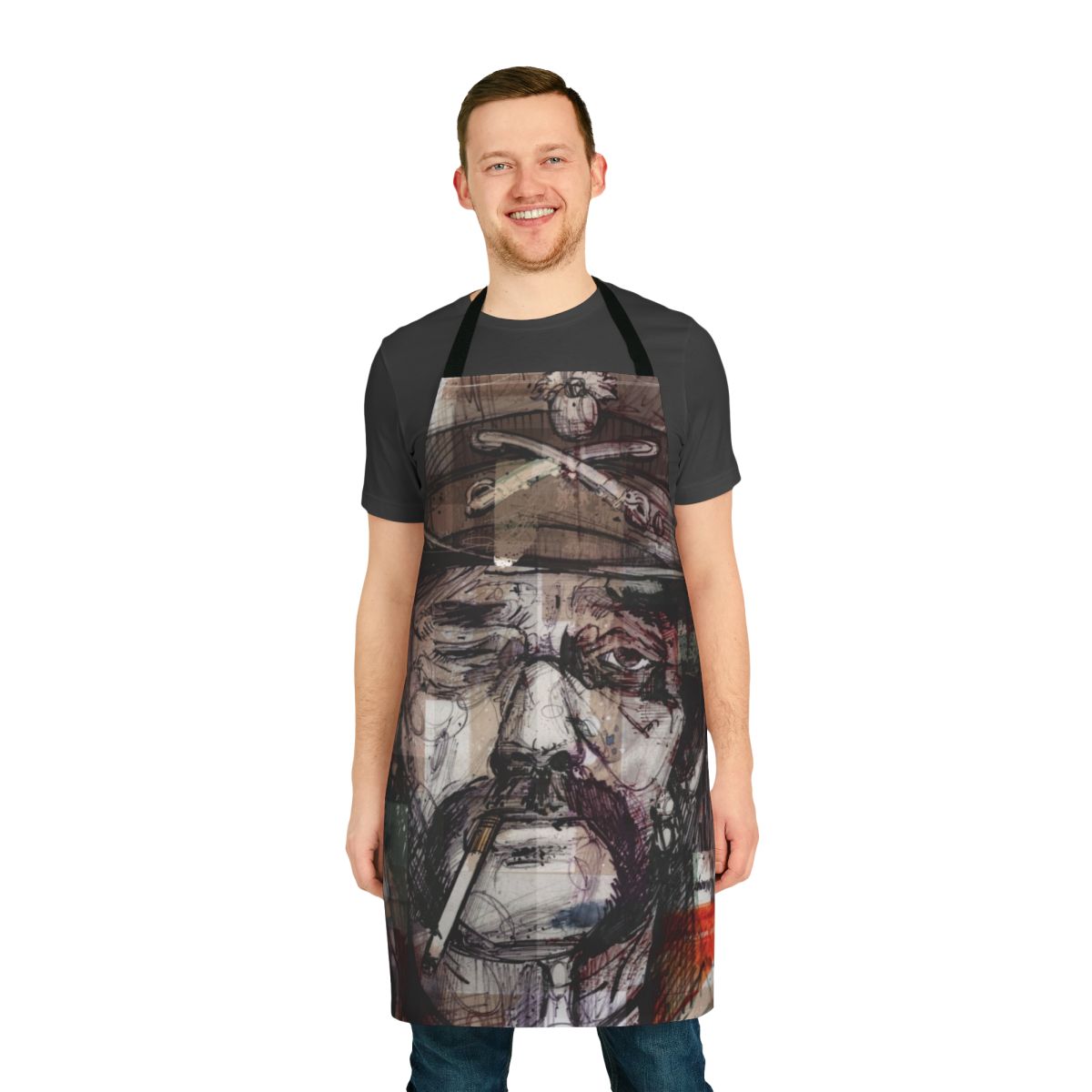 Lemmy Kilmister inspired apron featuring a sketch design of the Motörhead frontman