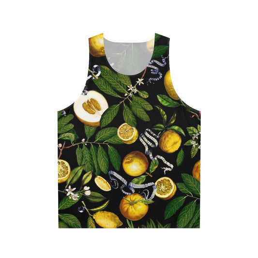 Lemon tree black unisex tank top with tropical leaf pattern