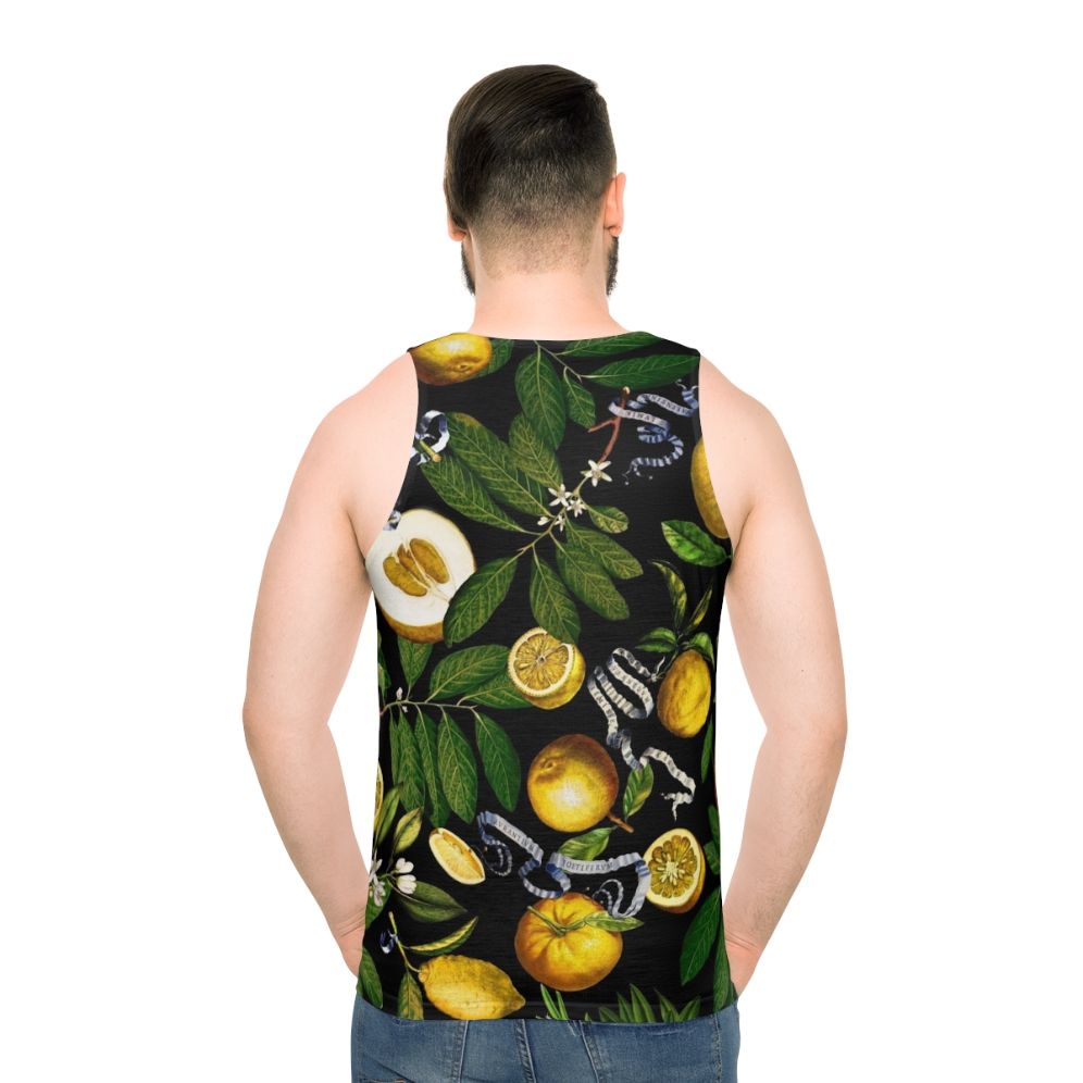 Lemon tree black unisex tank top with tropical leaf pattern