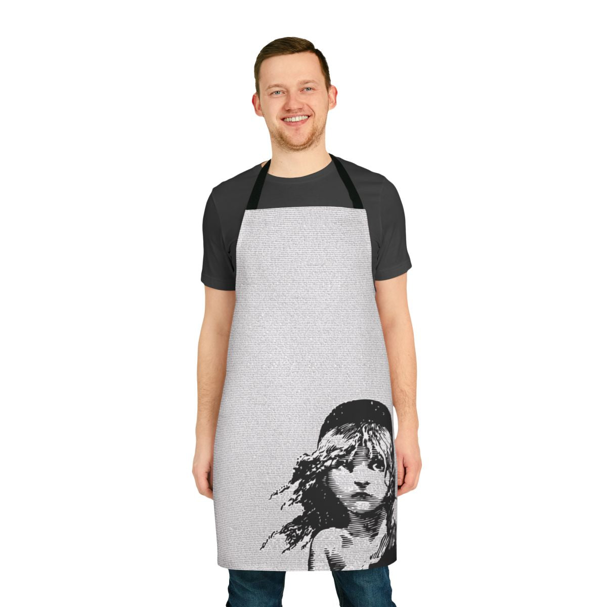 Les Misérables musical-themed apron with script and lyrics