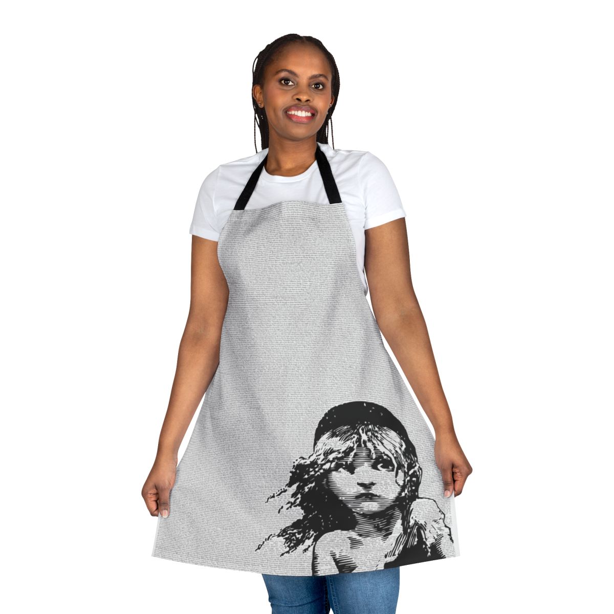 Les Misérables musical-themed apron with script and lyrics