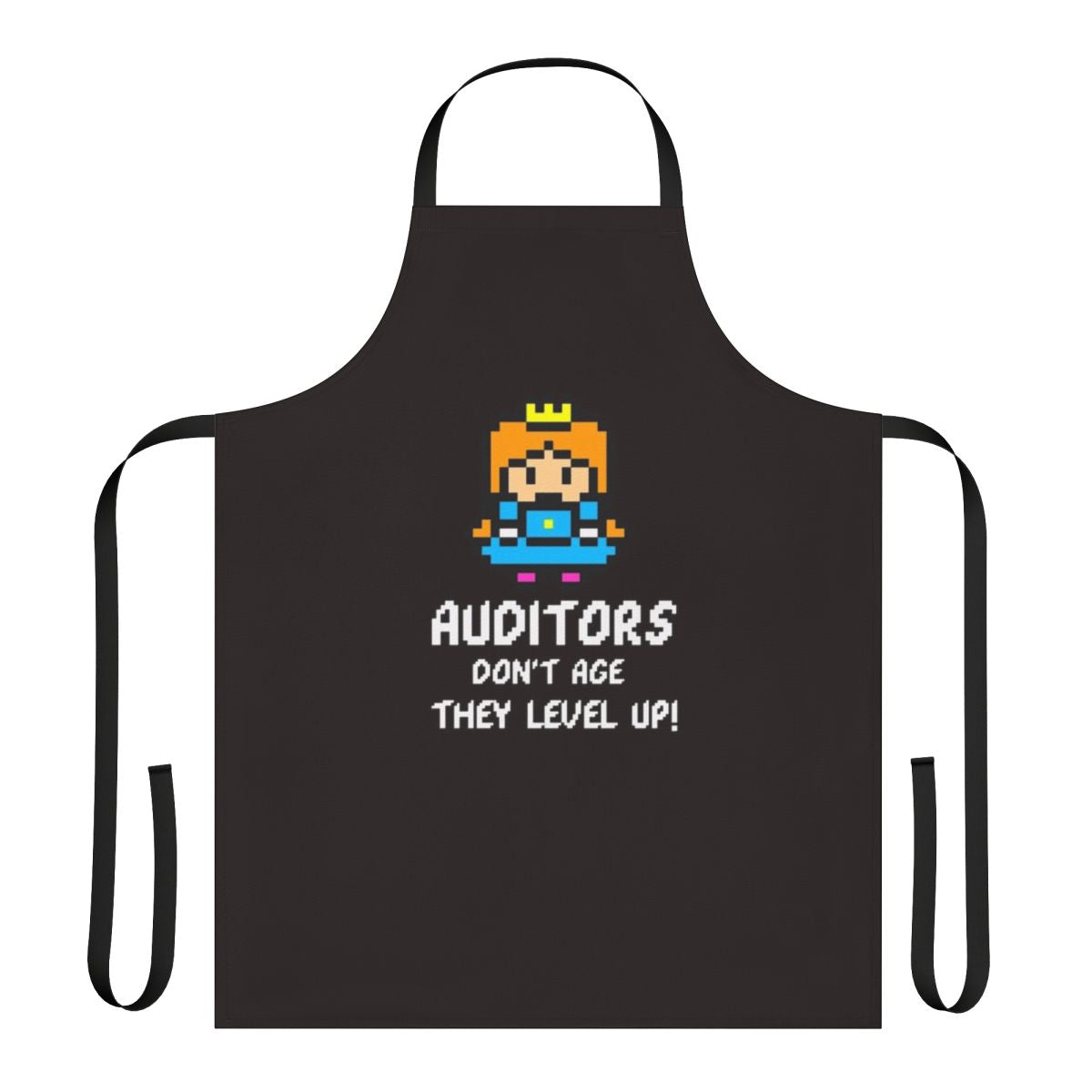 8-bit inspired apron for auditors and bookkeepers with "Auditors Don't Age, They Level Up" design