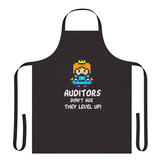 8-bit inspired apron for auditors and bookkeepers with "Auditors Don't Age, They Level Up" design