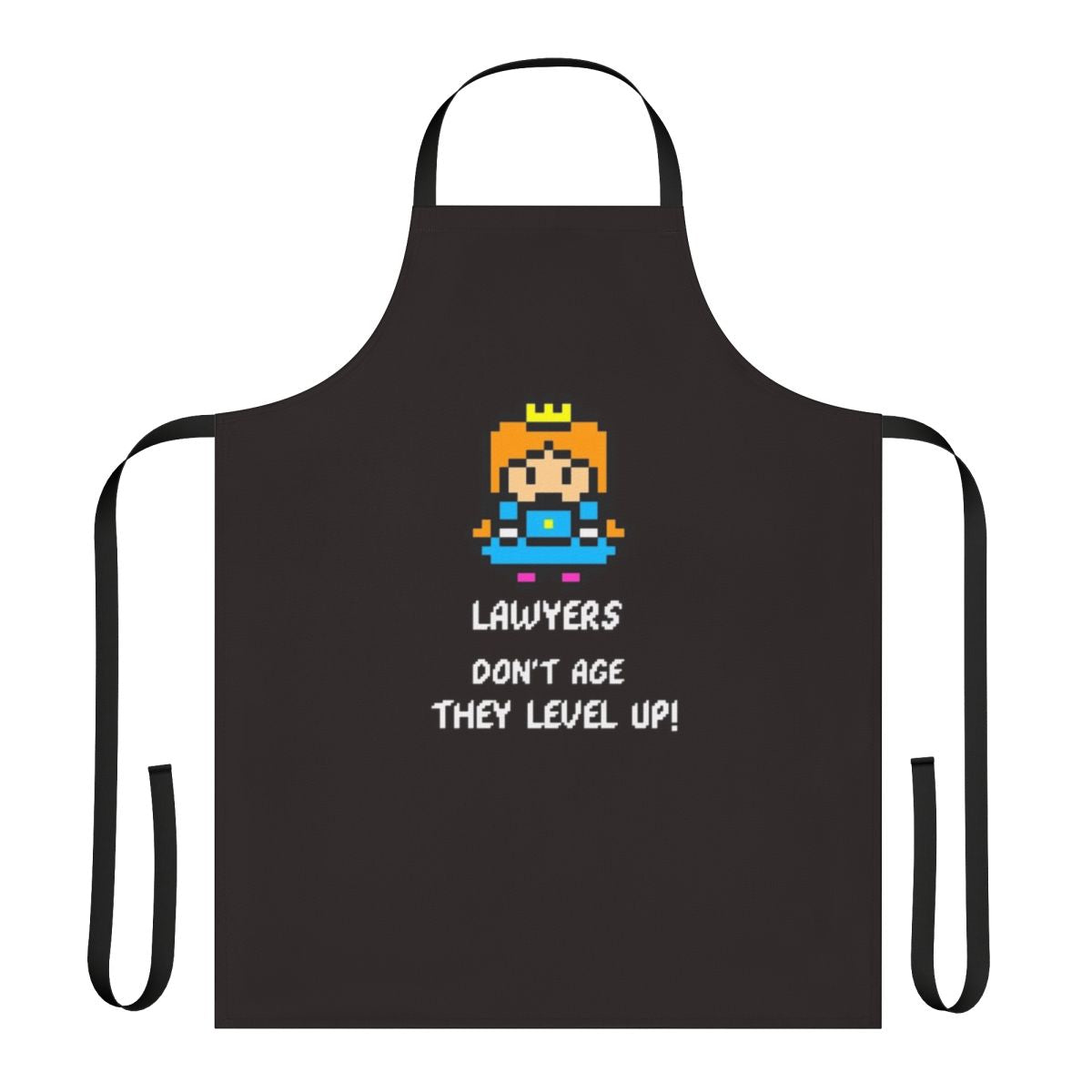 Stylish apron featuring a "Lawyers Don't Age, They Level Up" 8-bit inspired design