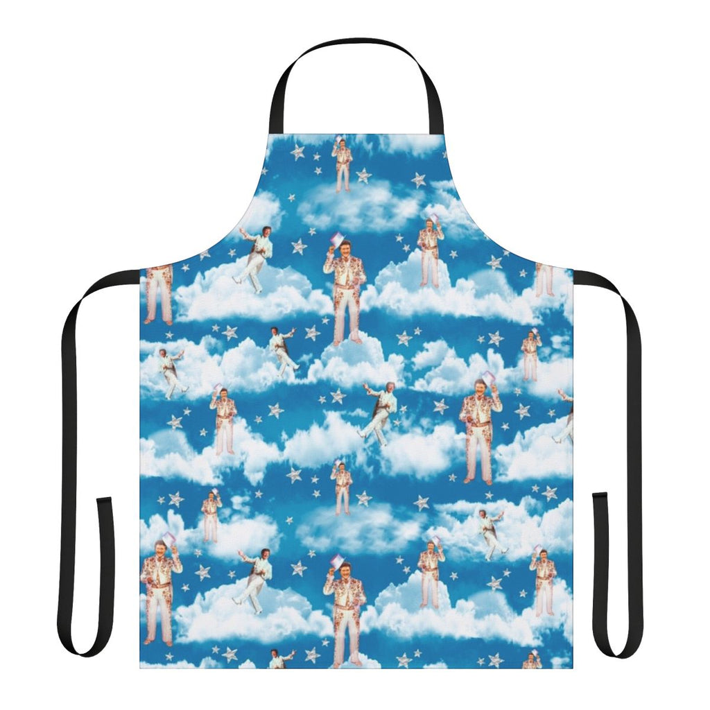A stylish and whimsical apron inspired by the iconic Liberace, the 'Liberace-Inspired Heavenly Apron' features a vibrant, retro-inspired design perfect for any 1950s or 1960s pop culture enthusiast.