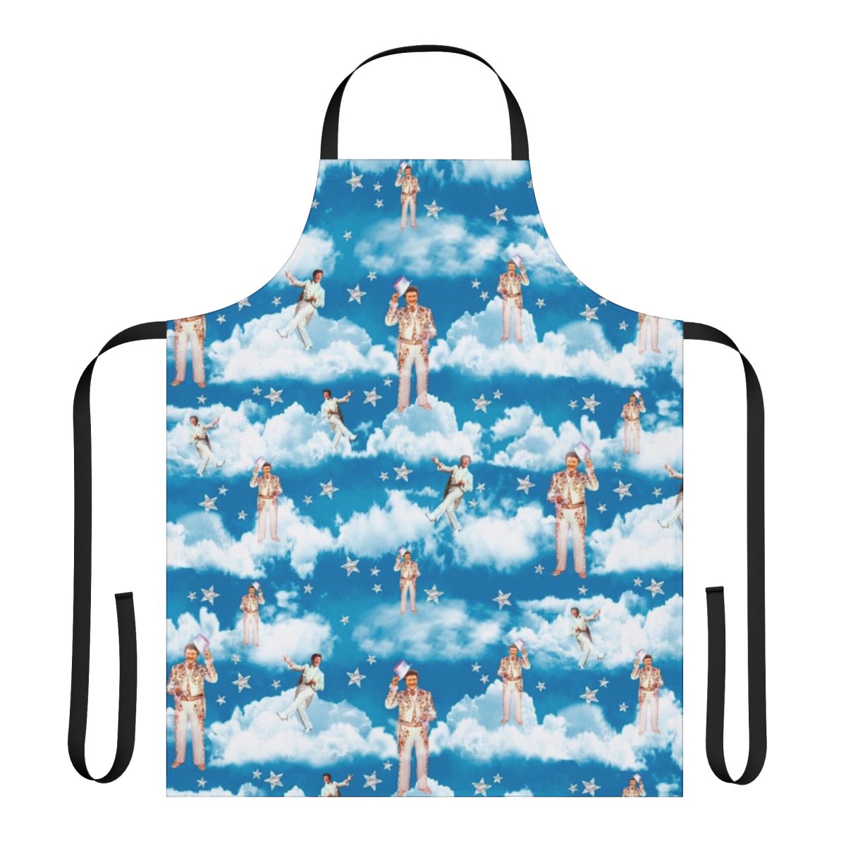 A stylish and whimsical apron inspired by the iconic Liberace, the 'Liberace-Inspired Heavenly Apron' features a vibrant, retro-inspired design perfect for any 1950s or 1960s pop culture enthusiast.