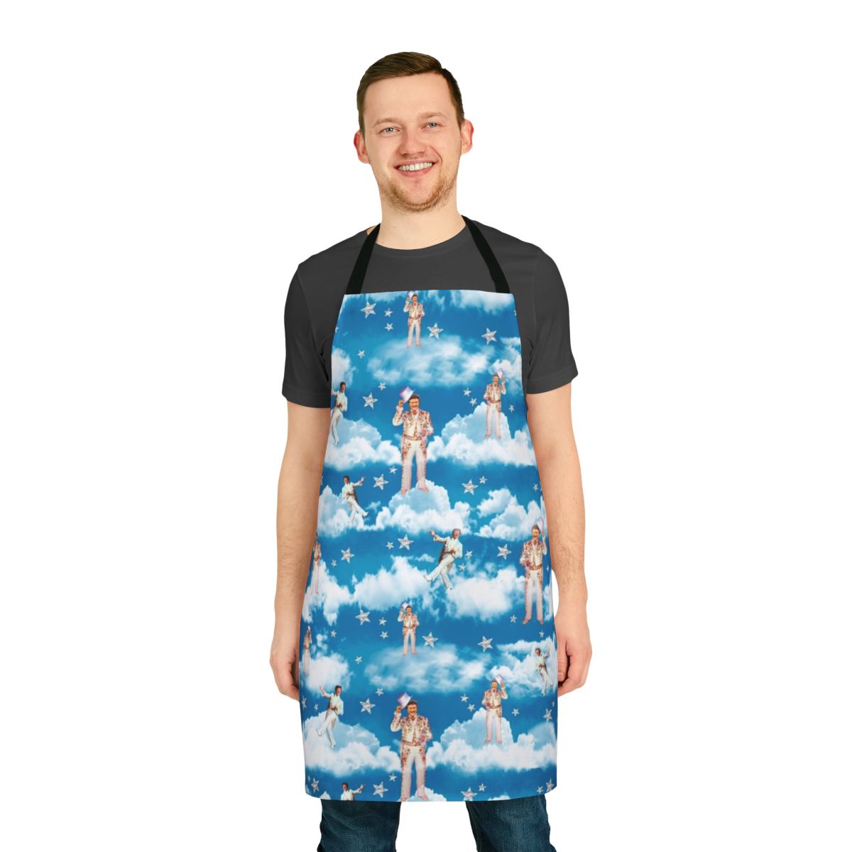 A stylish and whimsical apron inspired by the iconic Liberace, the 'Liberace-Inspired Heavenly Apron' features a vibrant, retro-inspired design perfect for any 1950s or 1960s pop culture enthusiast.