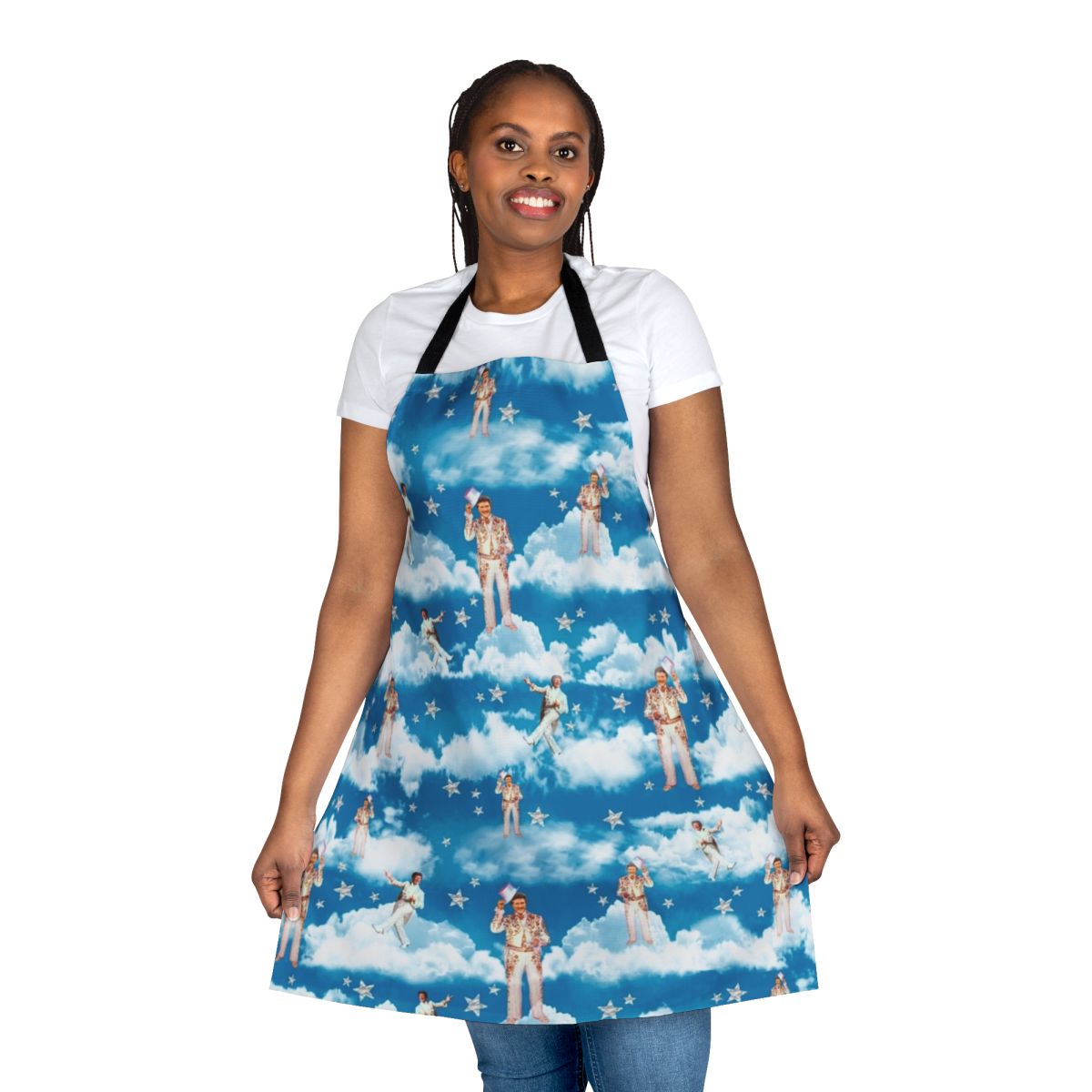 A stylish and whimsical apron inspired by the iconic Liberace, the 'Liberace-Inspired Heavenly Apron' features a vibrant, retro-inspired design perfect for any 1950s or 1960s pop culture enthusiast.