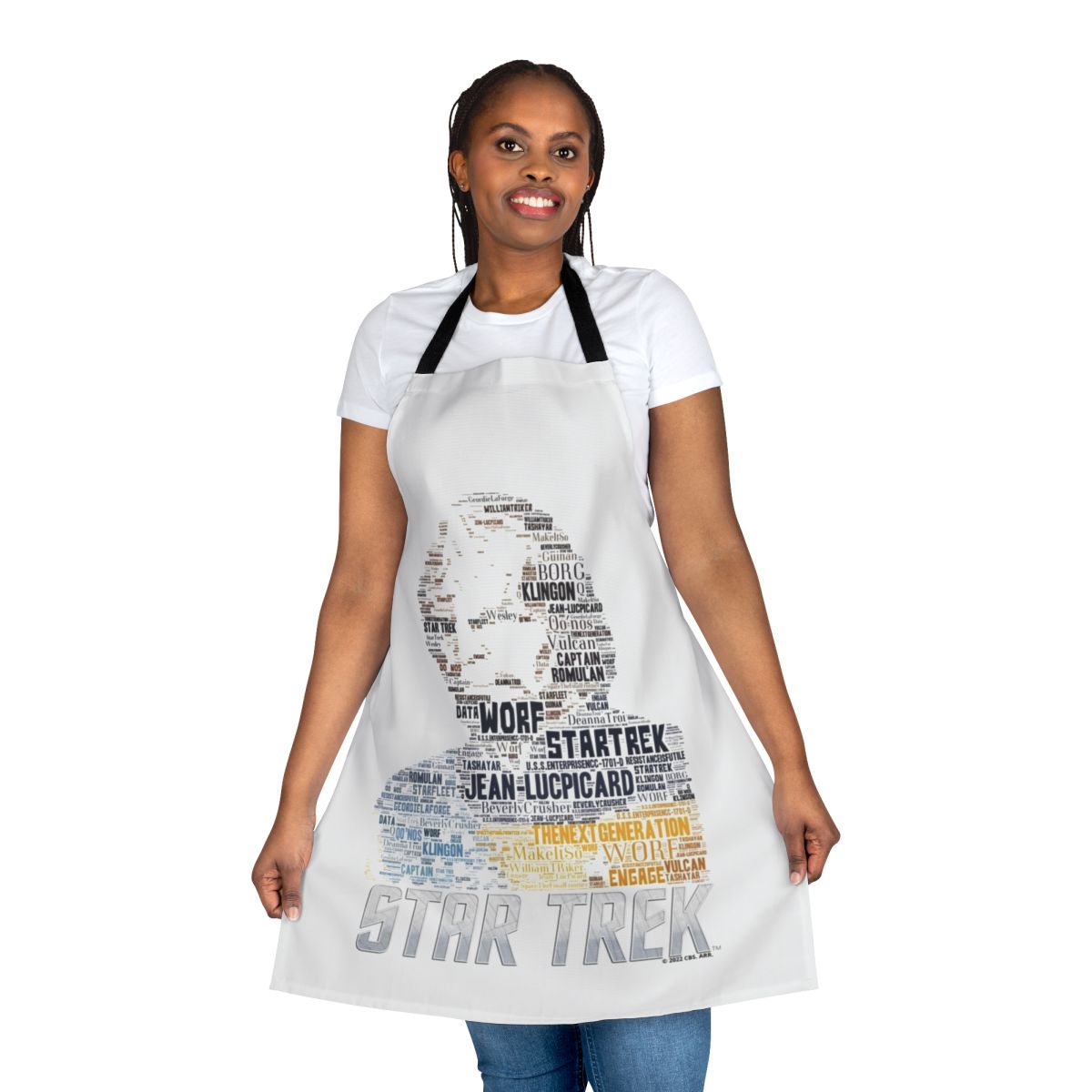 An apron featuring the character Lieutenant Worf from the TV series Star Trek: The Next Generation