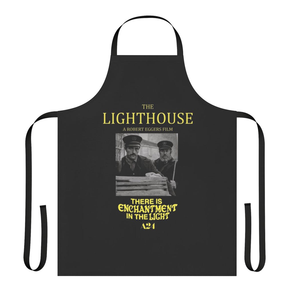 A black apron with an image of a lighthouse, inspired by the horror film "The Lighthouse"