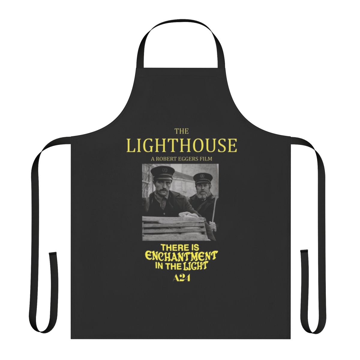 A black apron with an image of a lighthouse, inspired by the horror film "The Lighthouse"
