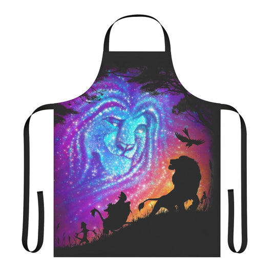 A high-quality cooking apron featuring a Lion King inspired design with Mufasa, Timon, Pumba, and Simba against an African sunset.