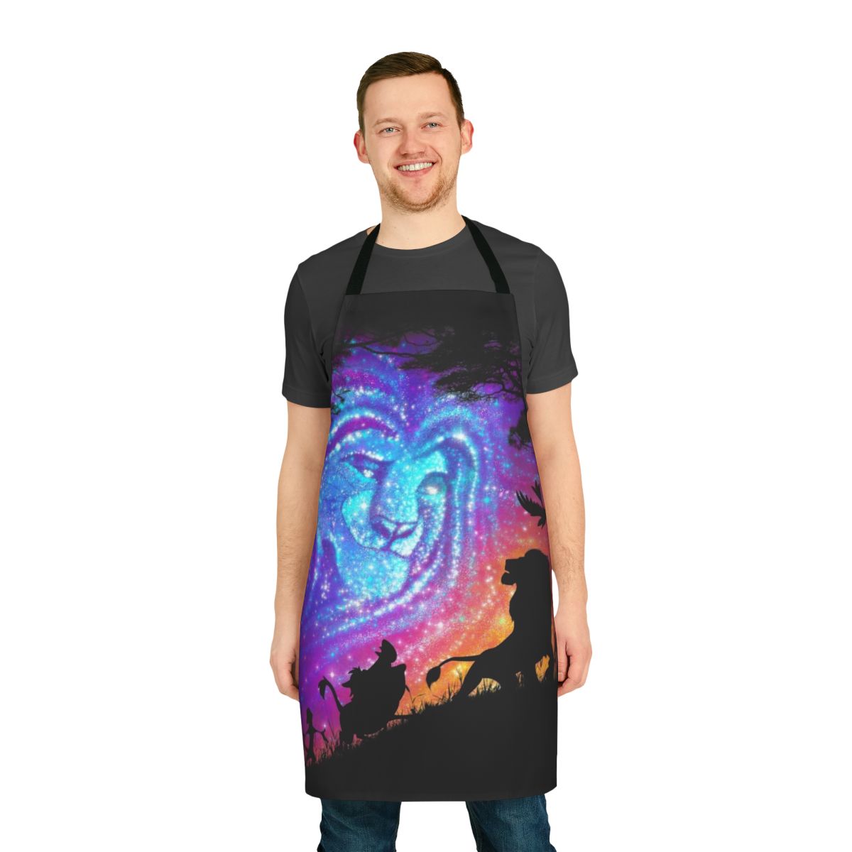 A high-quality cooking apron featuring a Lion King inspired design with Mufasa, Timon, Pumba, and Simba against an African sunset.