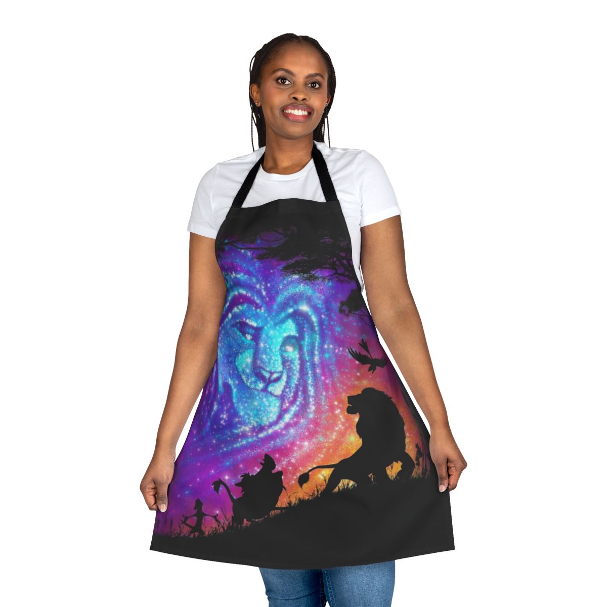 A high-quality cooking apron featuring a Lion King inspired design with Mufasa, Timon, Pumba, and Simba against an African sunset.