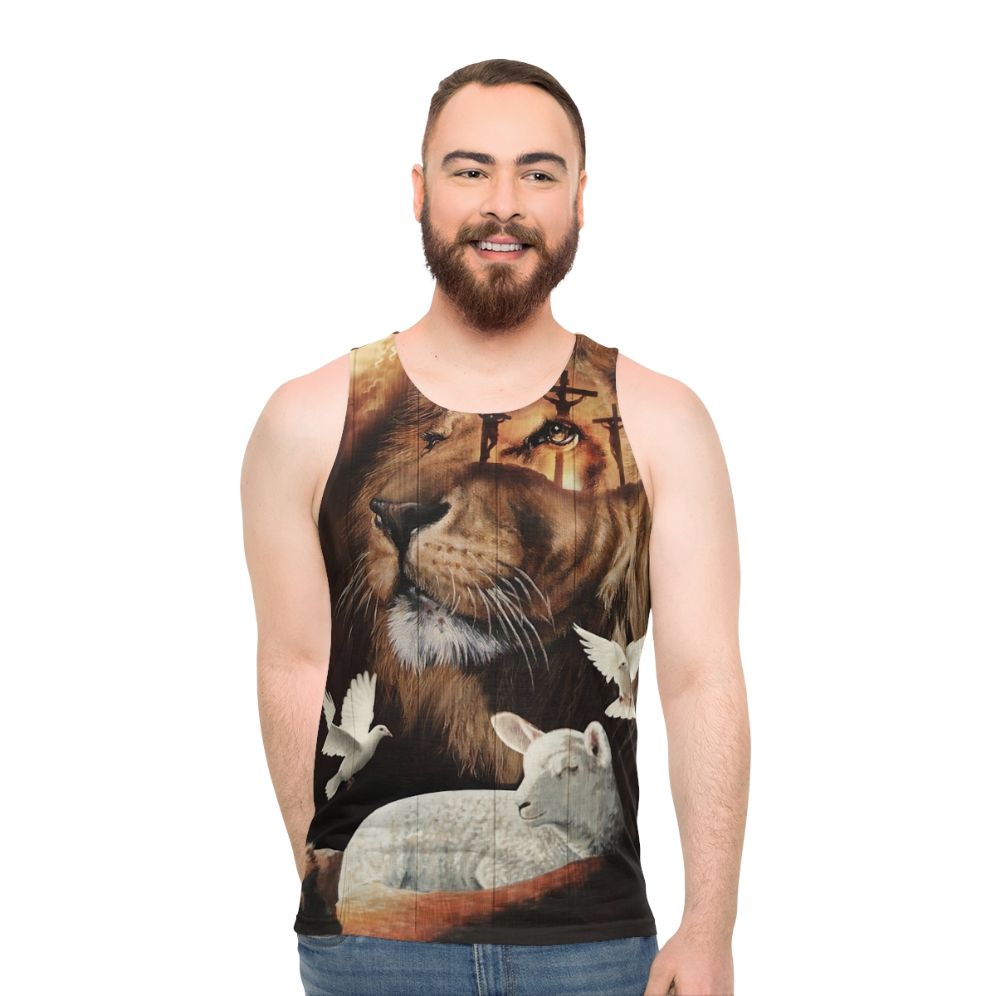 Unisex Christian tank top with the Lion of Judah and the Lamb of God