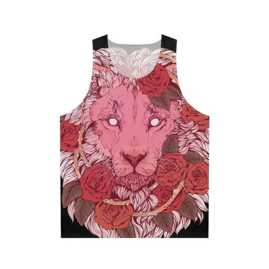 Unisex tank top featuring a lion with a mane of roses and glowing crystal gems