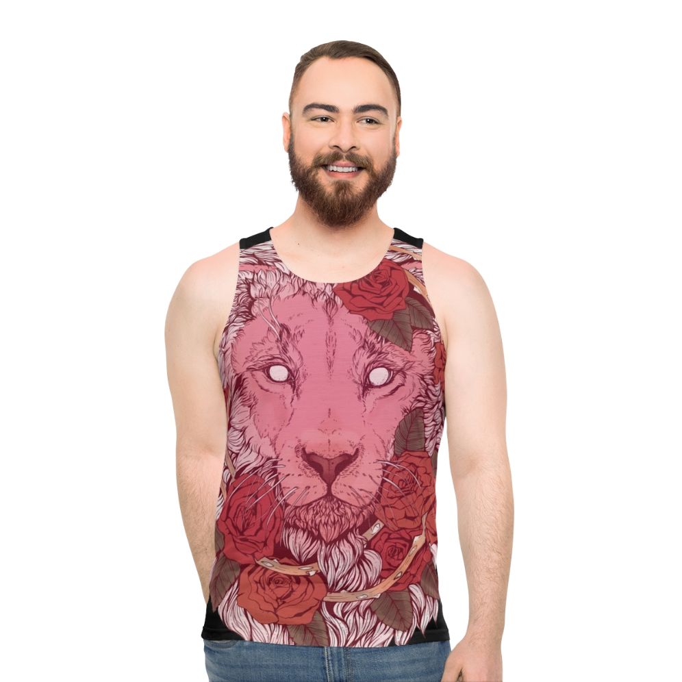 Unisex tank top featuring a lion with a mane of roses and glowing crystal gems